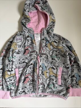 Disney Princess Zip Hoodie Girls 5/6 Gray w pink accents assorted princesses EUC